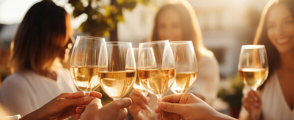 Friends toasting white wine glasses in sunny winery or wedding, capturing joyful celebration