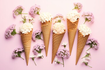 Flat-lay of waffle cones with flowers over pastel light pink background, top view, Generative AI 