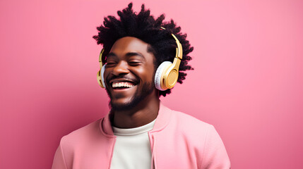 Technologies for Fun. Cheerful African American hipster listening to music in wireless headphones...