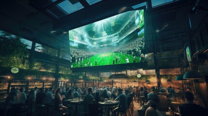 Sports fans watch a sporting event in a bar on a big screen. The exciting moment of the match is shown, the fans expressively root for their favorite team.