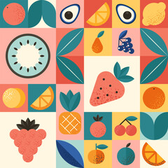 Fototapeta premium Abstract geometric pattern with various fruits in Bauhaus style. Retro grid background. Vintage multicolor mosaic tile with geometric shapes. Texture for textile, cover, web design, menu, restaurant.