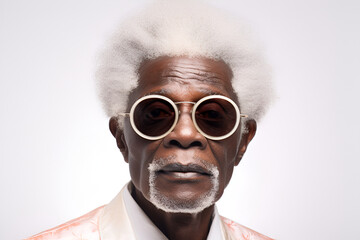 Beautiful senior black afro american man wearing sunglasses with white frames on a white background