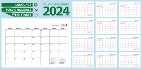Portuguese calendar planner for 2024. Portuguese language, week starts from Sunday. - obrazy, fototapety, plakaty