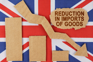 On the flag of Great Britain lie a chart, a down arrow and a sign that says - reduction in imports...