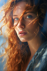 Woman looking to camera at sunlight. Generative AI.