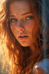 Woman looking to camera at sunlight. Generative AI.