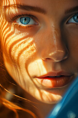 Woman looking to camera at sunlight. Generative AI.