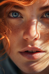 Woman looking to camera at sunlight. Generative AI.