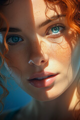 Woman looking to camera at sunlight. Generative AI.