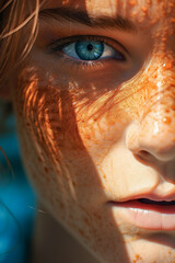 Woman looking to camera at sunlight. Generative AI.