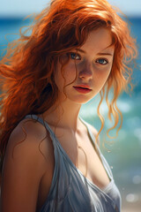 Woman looking to camera at sunlight. Generative AI.