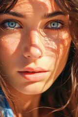 Woman looking to camera at sunlight. Generative AI.