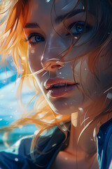 Woman looking to camera at sunlight. Generative AI.