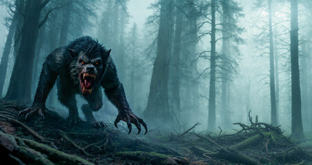 Nightmare Unleashed: The Aggressive Werewolf in the Sinister Forest.