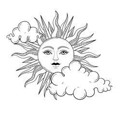 Vector vintage sun with a face, engraving style, esoteric and occult magic signs isolated on white background