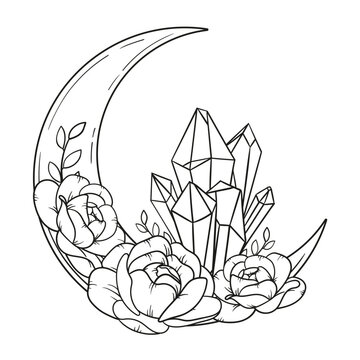 recommend clip art: Vector line art mystical celestial magic witchcraft elements. Esoteric crescent moon, crystal, peony rose, stars, leaves, line art.