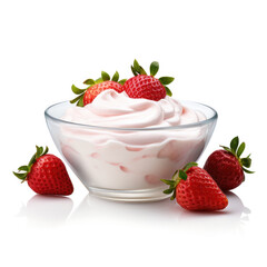Bowl of greek yogurt and fresh strawberries isolated on white background