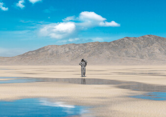 astronaut is thinking about in the desert of another planet after rain drone view