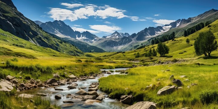Scenery view on a beautiful mountain landscape. Generative AI