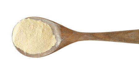 Millet flour pile in wooden spoon isolated on white, clipping path 