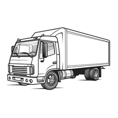 Outline drawing of delivery truck concept, truck coloring page line art, car from side and front view. Vector doodle illustration, design for coloring book or print