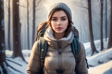 Happy woman tourist walking on the snowy trek on the forest mountain and look on the nice winter view in sunny cold day. Concept travel and freedom.