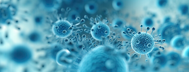 blue and white cells in a vibrant blue background, representing the concept of virus and health in a 3D render, AI - obrazy, fototapety, plakaty