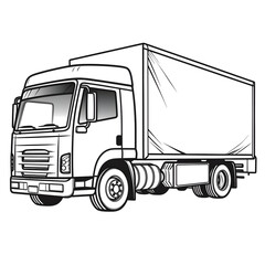 Fototapeta na wymiar Outline drawing of delivery truck concept, truck coloring page line art, car from side and front view. Vector doodle illustration, design for coloring book or print