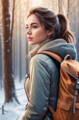 Fototapeta premium close up view of young woman with backpack walking on trail winter day. A girl in winter clothes in national park. Young female walks along snow-covered path. Healthy lifestyle in the fresh air.