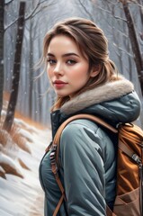 Fototapeta premium close up view of young woman with backpack walking on trail winter day. A girl in winter clothes in national park. Young female walks along snow-covered path. Healthy lifestyle in the fresh air.