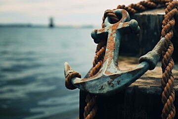 Weathered sea anchor tied to pier with rope knot, maritime element, coastal emblem. Generative AI