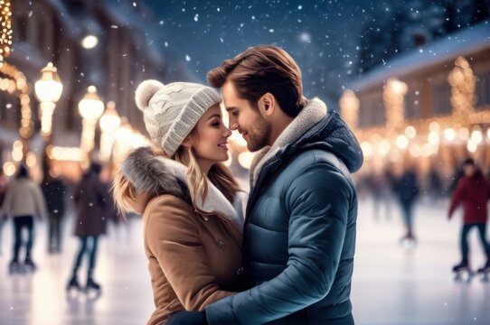 Young beautiful couple in love looking at each other and kissing. Caucasian man and beautiful woman active date ice skating on ice arena in evening winter on Christmas Eve. Romantic night
