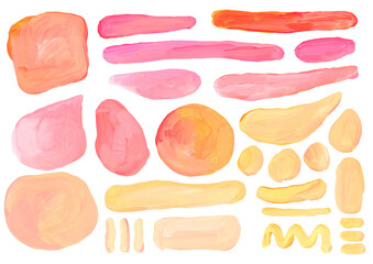 Art oil and acrylic smear blot dot painting elements. Abstract yellow, pink, beige color hand drawn stain brushstroke texture on white background.