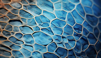 blue organic background, hexagonal pattern, cell under microscope, close up of net, scientific modeling wallpaper, panorama, AI