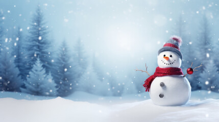 Naklejka na ściany i meble Merry christmas and happy new year greeting card with copy-space.Happy snowman standing in christmas landscape.Snow background.Winter fairytale.