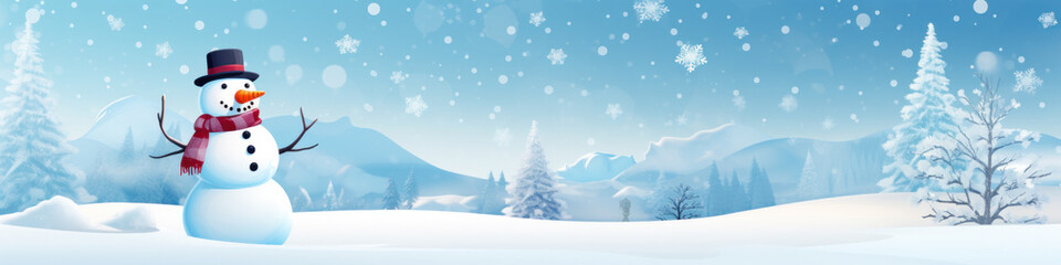 Merry christmas and happy new year greeting card with copy-space.Happy snowman standing in christmas landscape.Snow background.Winter fairytale.