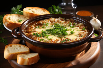 Traditional French onion soup, topped with melted Gruyère cheese and toasted bread.