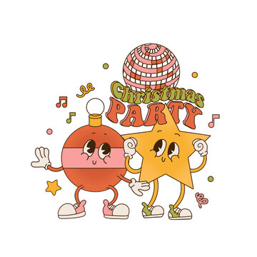 Christmas party isolated concept with retro cartoon characters and vintage text. Star and Christmas tree bauble ball friends dancing together. Vector mascot  in trendy vintage comic style.
