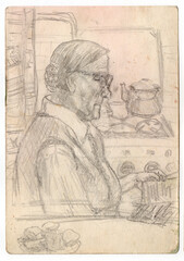 Vintage hand drawn Pencil sketch. Old grandmother sits in the kitchen and reads a newspaper