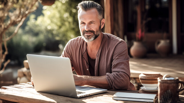 A middle-aged man studies online, eyes focused on the screen.