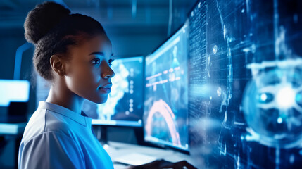 Girl working on whit scientist data in computers in the technology lab. technician Woman Computer Systems Analyst on Monitoring Room. Generative Ai