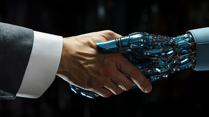 Business Professional Formally Shaking Hands with a Robotic Arm in a Corporate Setting