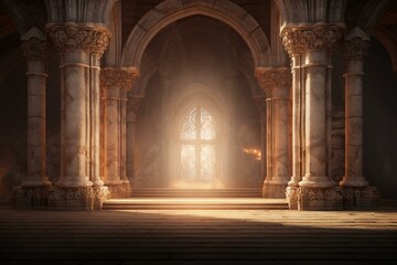 A bright light illuminates a doorway leading to a dimly lit chamber adorned with columns and arches. Generative AI