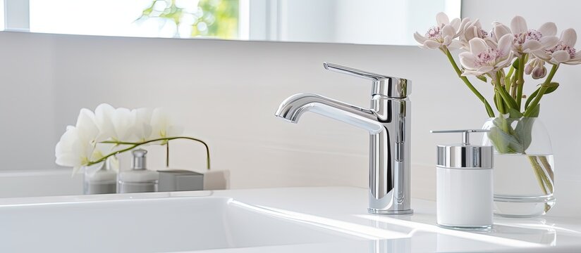 Modern bathroom featuring a sleek chrome faucet and washbasin