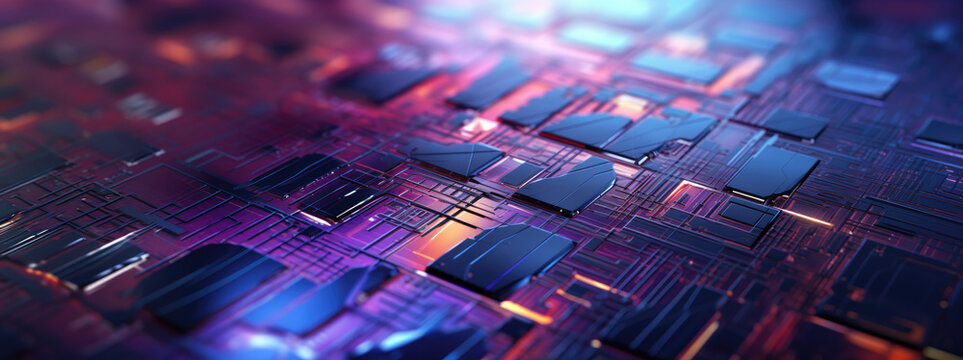 computer circuit under microscope, electronic circuit closeup,&nbsp;iridescent texture, macro hardware, purple background with lots of light, AI