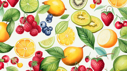 Whimsical Watercolor Fruits Pattern: A Playful and Colorful Repeat Design Celebrating Fresh and Juicy Fruit Motifs