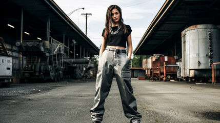 She stands confidently, sporting a unique 90s-inspired ensemble comprised of cargo pants and a platform shoe. - obrazy, fototapety, plakaty