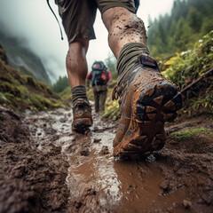 Close-up of feet in hiking boots traversing a rugged mountain trail.