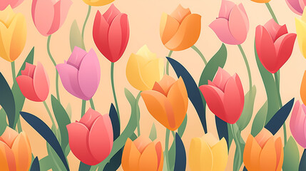Fototapeta na wymiar nature textured tulip flowers seamless patter, vivid color background, flat minimalist vector illustrations