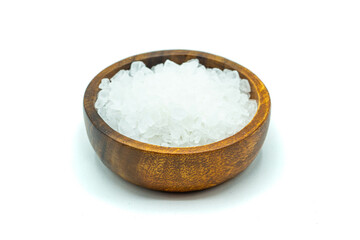 Coarse salt in wooden bowl isolated on white background